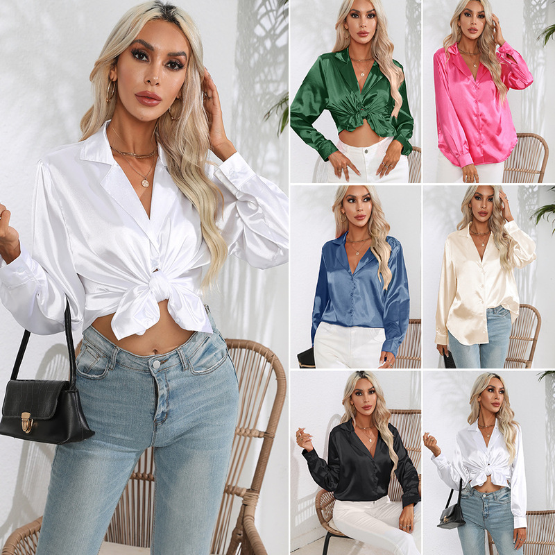 Explosions real suit collar satin shirt Women's satin silk long sleeve shirt New European and American cross-border women's clothing Explosions real suit collar satin shirt Women's satin silk long sleeve shirt New European and American cross-border women's clothing