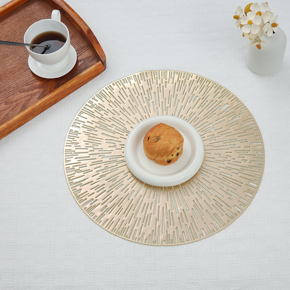 Fuegos artificiales hollow-out placemat ronda patrón de radiación de PVC dorado occidental placemat oro y plata estera de la tabla estera DE LA PLACA DE AISLAMIENTO impermeable