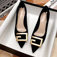法式高跟鞋女细跟2023年夏季新款百搭工作鞋性感尖头单鞋黑色中跟