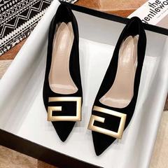 法式高跟鞋女細跟2023年夏季新款百搭工作鞋性感尖頭單鞋黑色中跟
