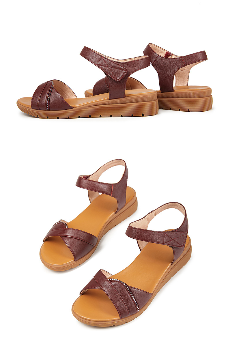 Dép sandal nữ đế bệt mềm, quai da, thoải mái cho người trung niên và cao tuổi — Đỏ rượu chi tiết 33