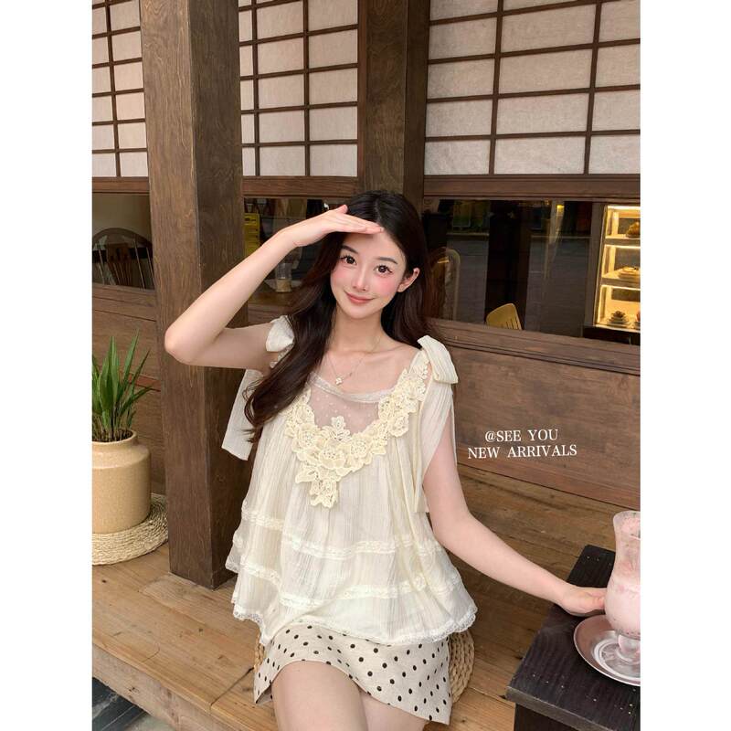 See You-Advanced Atmospheric Lace Design with Hollow-Out Stitching and Tie-Up Loose Top Blouse 261196H