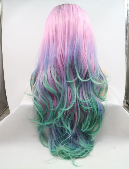 Peluca de tres colores rosa, azul y verde, peluca rizada, encaje frontal de fibra química, cabello largo y rizado, cabello largo de encaje europeo y americano LW0258