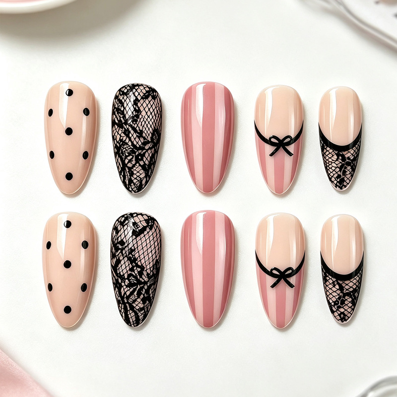 30 pieces of cross-border, popular, everyday wear, sweet and cool, almond-shaped press-on nails with black lace, bow, and polka dot designs