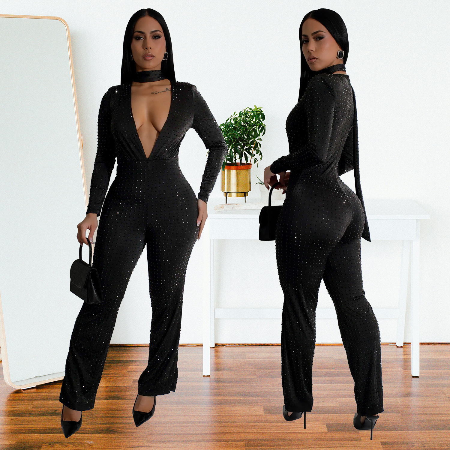 C7213 Aliexpress transfronterizo Amazon Europa y América ropa de moda femenina sexy cuello v manga larga bolsas de brazo de diamante caliente New Jumpsuit