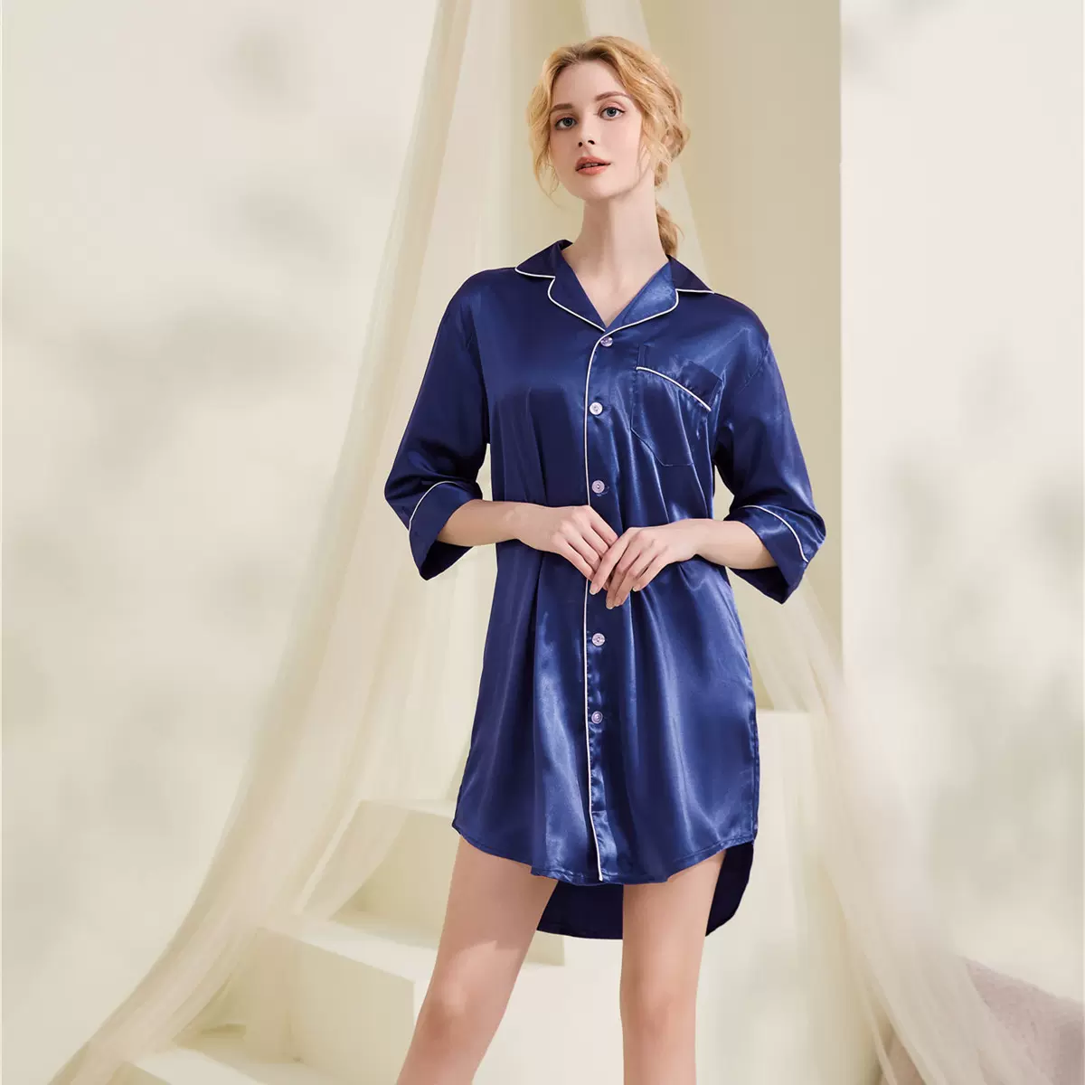 跨境亚马逊宽松大码夏季七分袖睡衣家居服男友力衬衫睡裙纯欲风