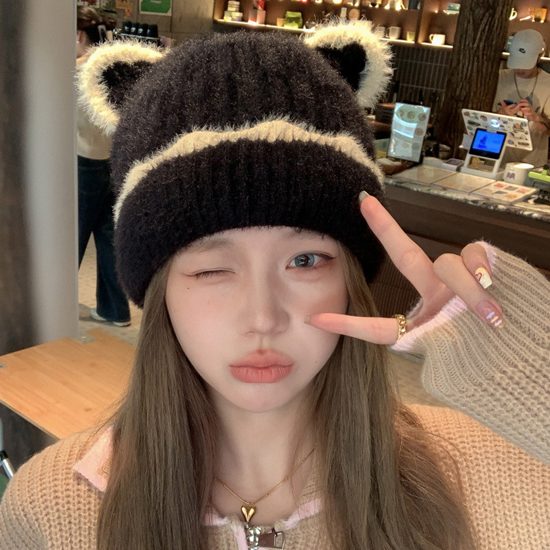 Sombrero de mujer Otoño e Invierno sombrero de lana versátil lindo japonés moda gato oreja circunferencia de la cabeza grande al aire libre Jersey cálido sombrero de punto