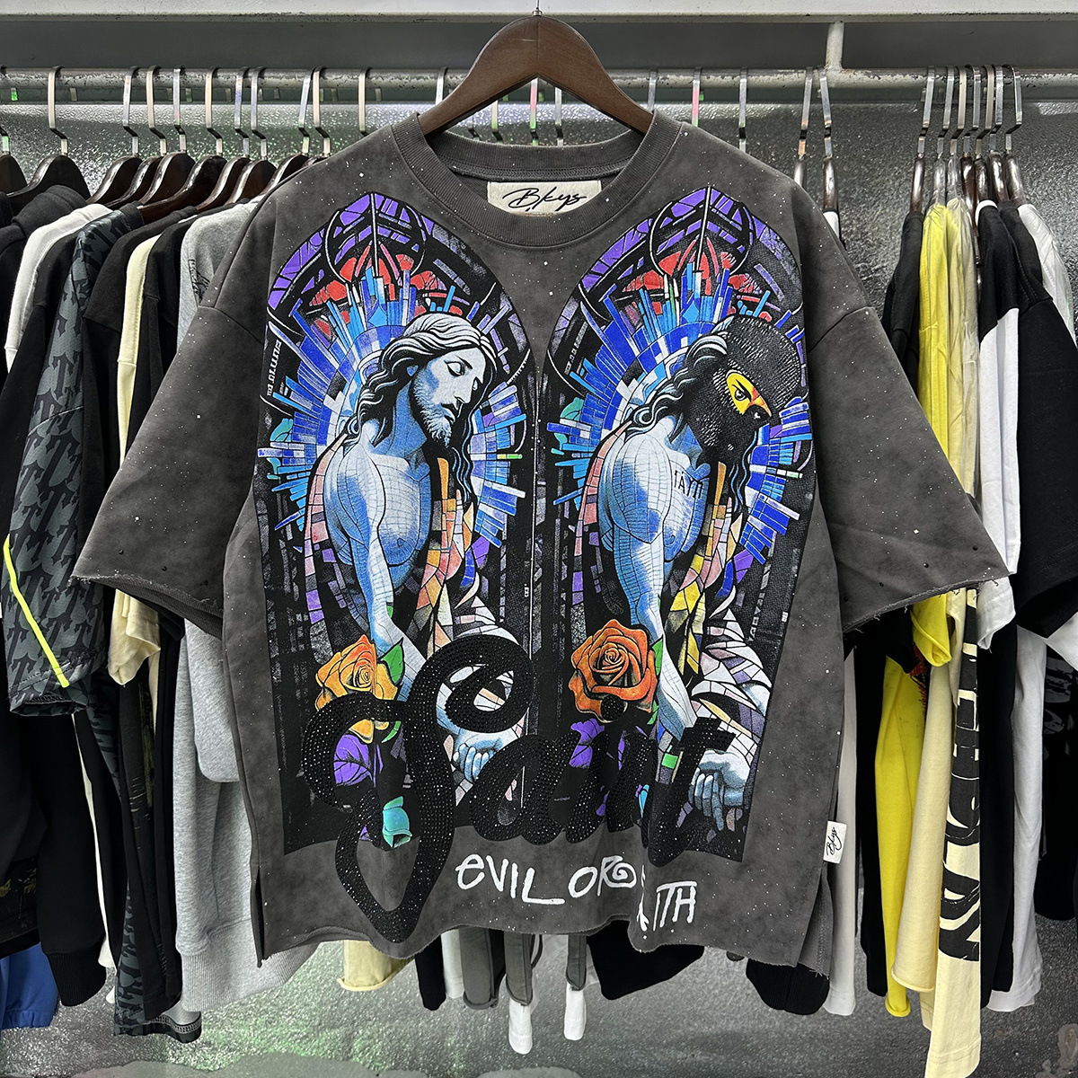 Transfronterizo nueva venta en caliente BKS camiseta de manga corta extraña esqueleto retro lavado de agua caliente perforación en caliente para hombres y mujeres de moda en stock lotes