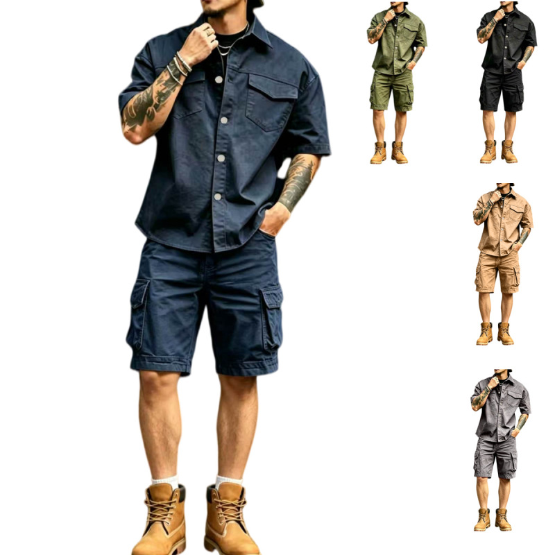 100% Cotton European and American Cross-Border Amazon Summer Men's Casual Outdoor American-Style Workwear Multi-Pocket Short-Sleeve Shirt