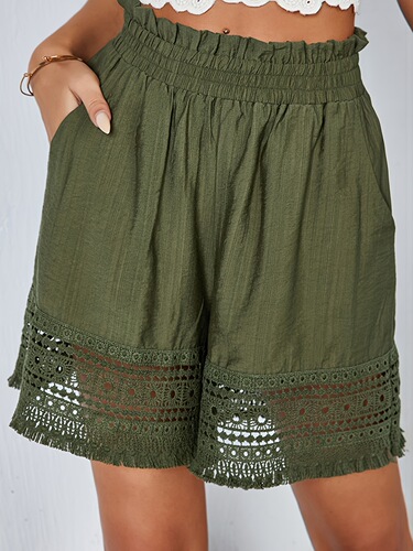 Women's Boho Solid Color Lace Cut out Tassel Pocket Shorts