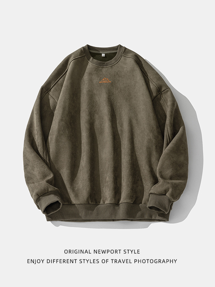Sudadera de cuello redondo de gamuza de 350 g para hombre, estilo japonés, nueva colección primavera 2025, de marca, holgada, bordada, estilo chaqueta.