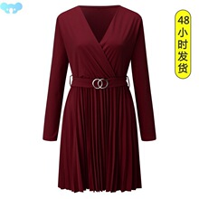Long Sleeve V-Neck Pleated PleatedDress�L��V�I���ް����B��ȹ