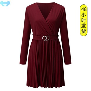 Long Sleeve V-Neck Pleated PleatedDress�L��V�I���ް����B��ȹ