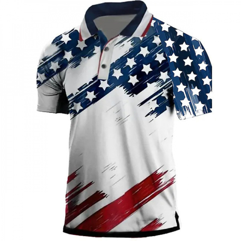 American Flag Print One-Piece Straight Hair 2025 European and American Amazon Export Fashion Men's Lapel Button Polo Shirt