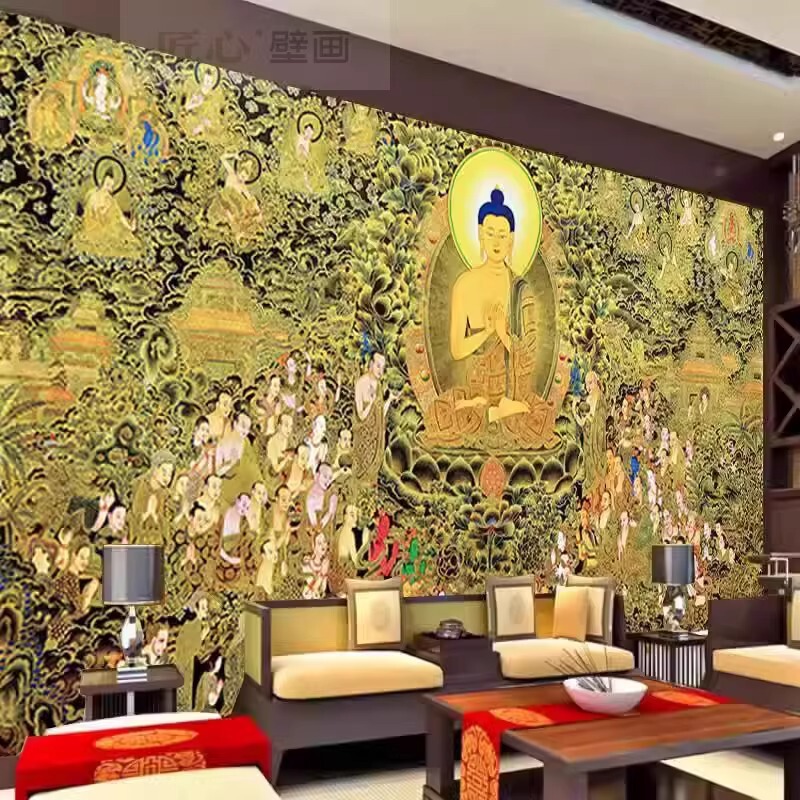 墙布藏式佛堂背景墙纸顶棚祥云壁纸全屋寺庙莲花吊顶吉祥八宝壁布|undefined