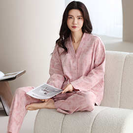 77625全棉带胸垫睡衣春秋季长袖纯棉新款可外穿女士家居服套装AM