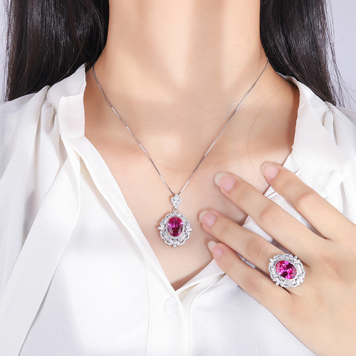 Zhuang Sheng Sheng Jewelry S925 Silver Hot Selling Simulation Rose Red Diamond Vintage Style Pendant Ring Set Main Stone 10*14