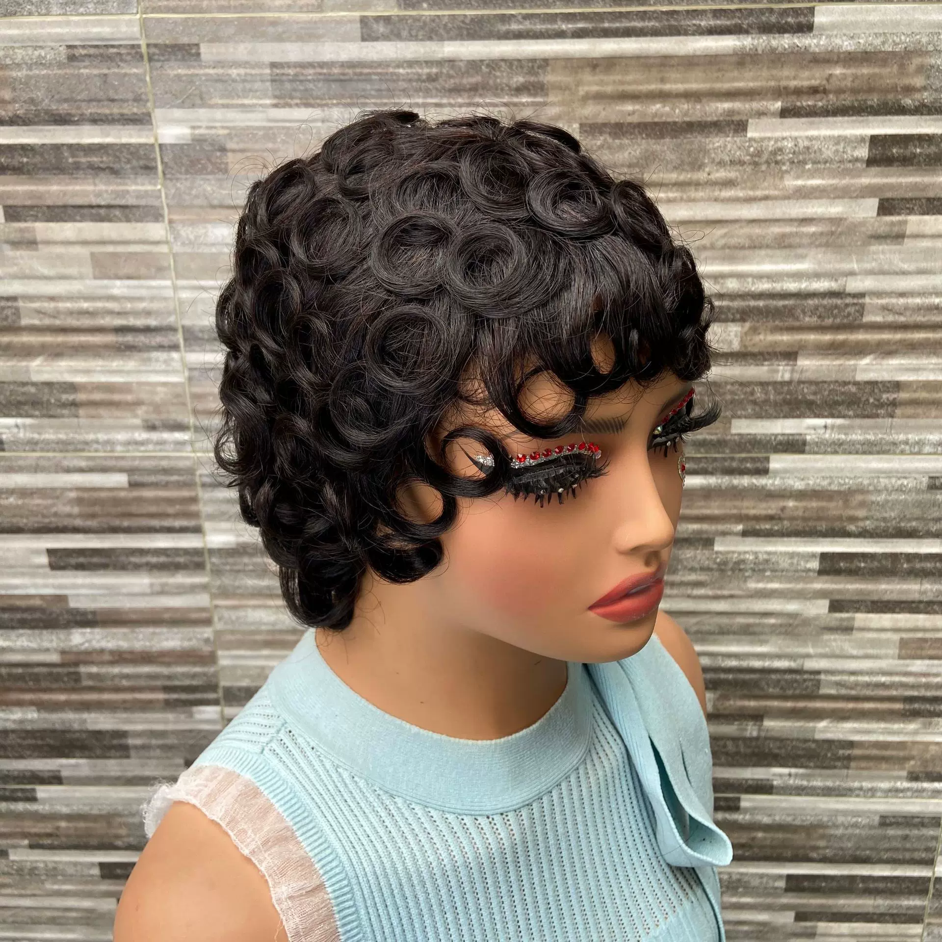 pixie cut wig 100%human hair 真人发短卷发机制假发头套