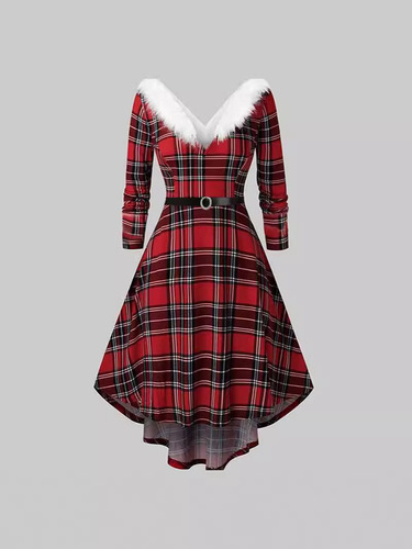 Cross-border supply source independent station new 2025 Western Christmas women's plush interwoven V-neck long-sleeve dress