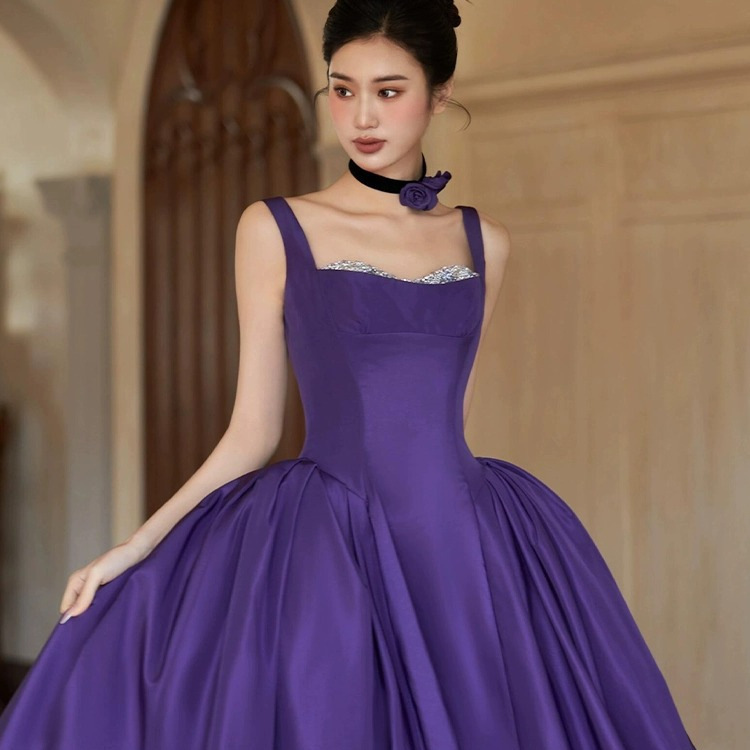 Purple string temperamento vestido de noche otoño 2025 nuevo estilo simple satén de fiesta de cumpleaños vestido elegante