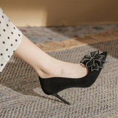 Ladies' High Heels 2023 Spring and Autumn New Suede Black Sexy Versatile Bow Party Pointed Toe Thin Heel Single Shoes