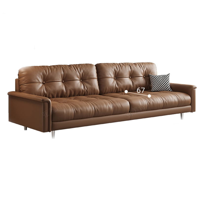 Sofá de cuero de piel de vaca retro sala de estar de tres plazas en línea recta apartamento pequeño sofá de cuero de lujo ligero engrosado