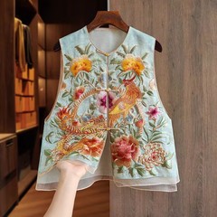 新しい中国風の重刺繍シルクベスト女性のための 2025 夏の新しいハイエンド気質ルーズトップ女性のための