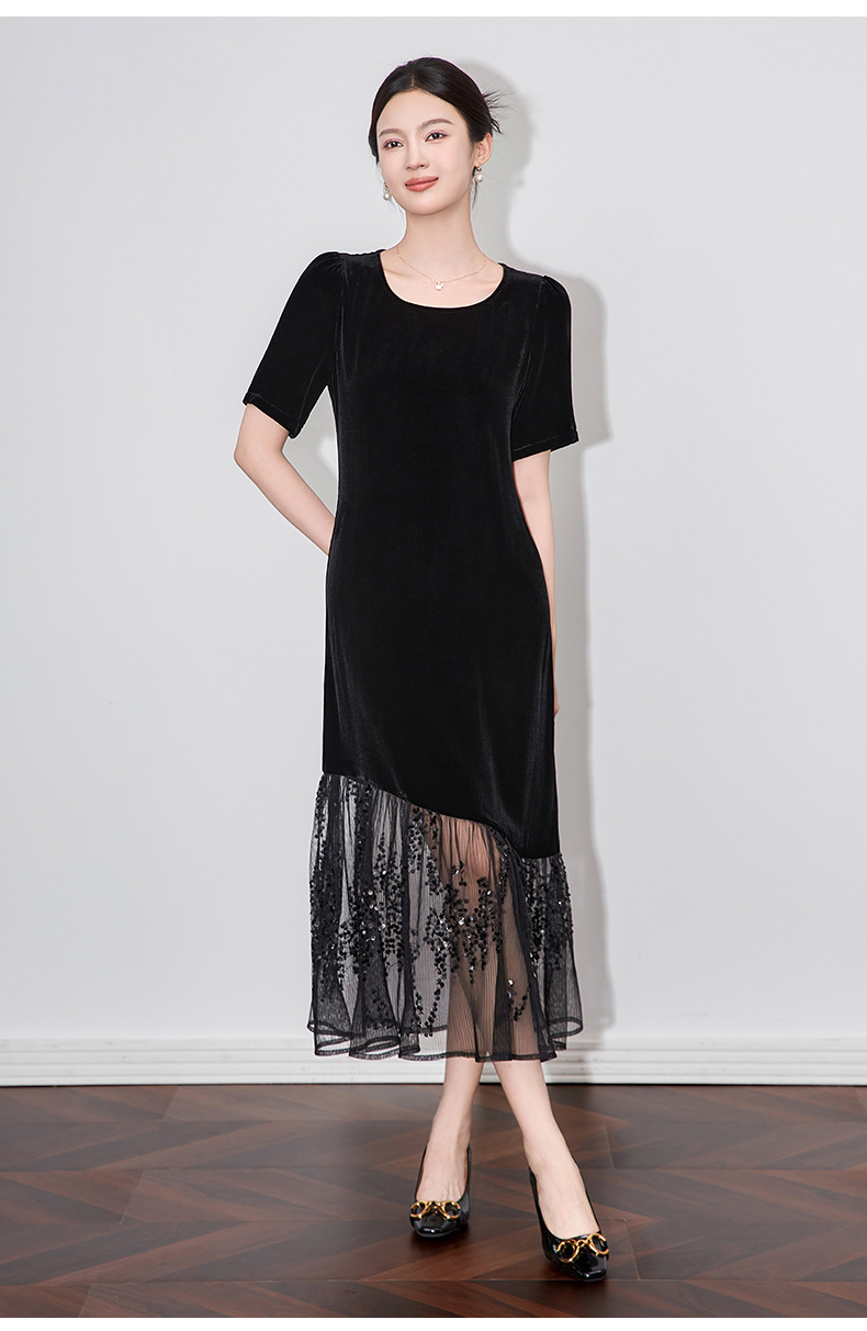 Đầm maxi nữ thắt eo phối lưới đính sequin và nhung — Màu đen chi tiết 8