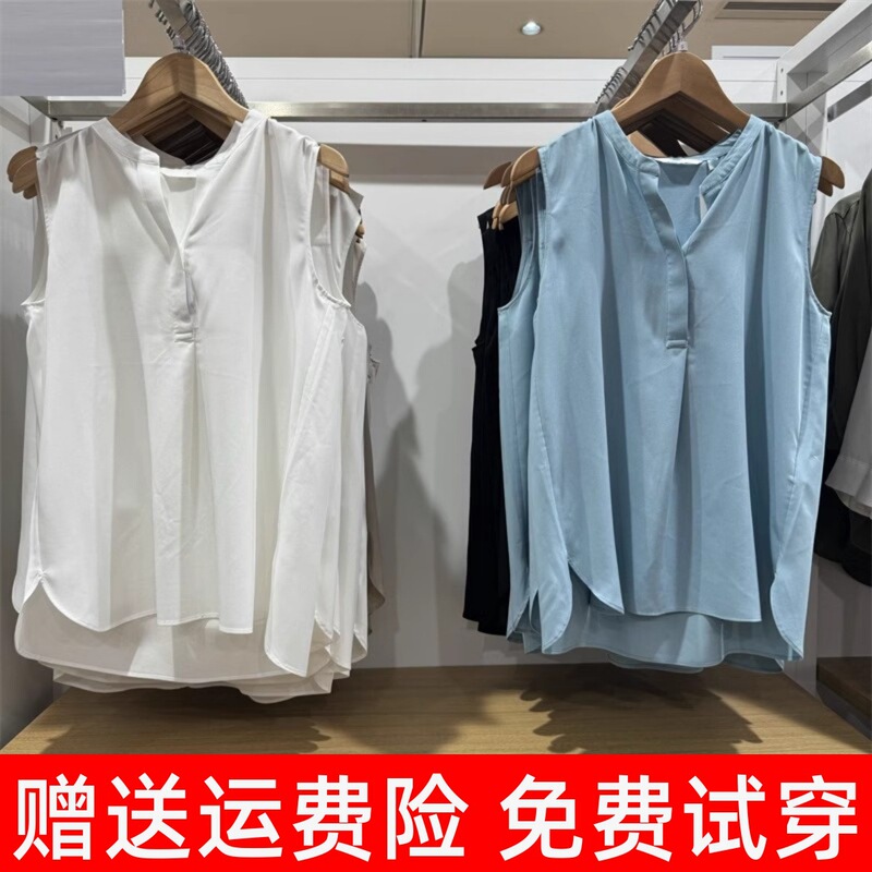 Japanese Women's Fashion Half-Open Collar Sleeveless Shirt Top New Solid Color Casual Air Conditioning Shirt 467623