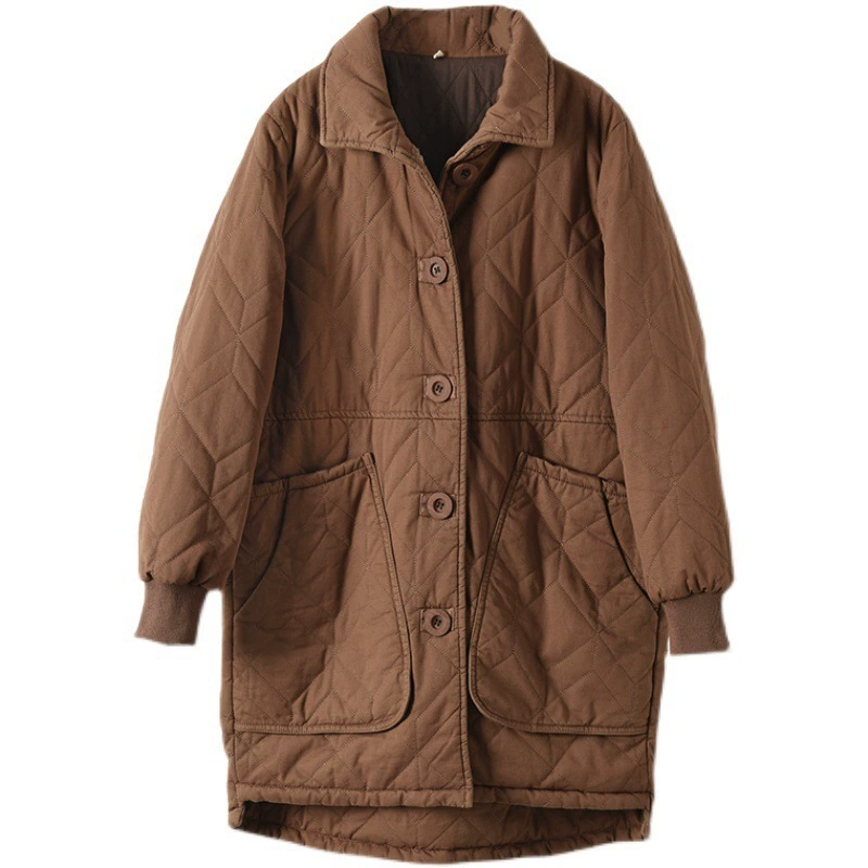 Demi-season long quilted down jacket with diamond pattern, mid-length
