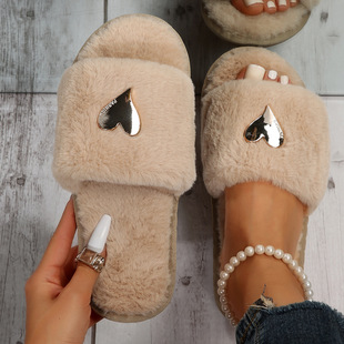 Foreign Trade New Style Furry Slippers, Heart-Shaped Fashionable Flats Slippers, Women's Home Leisure Anti-Rabbit Fur Cotton Slippers, Women's Large Size