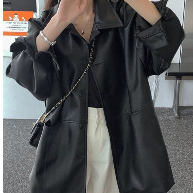 Korean-style stylish single-breasted leather jacket for women, autumn new loose-fit versatile faux leather jacket top