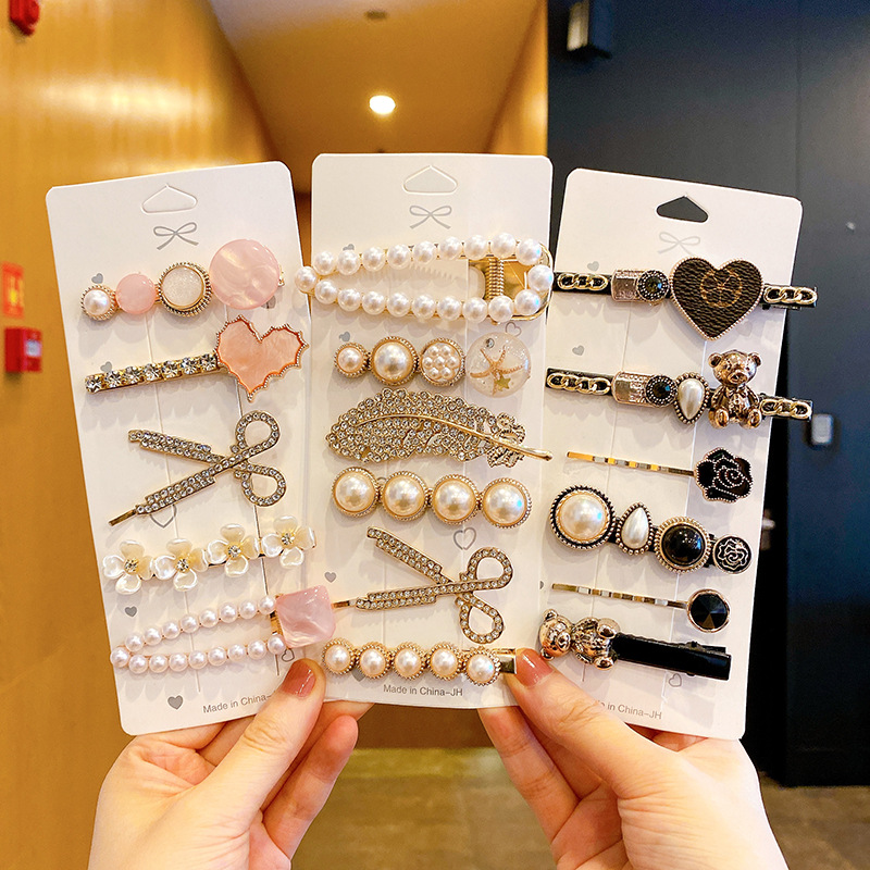 Pearl love hairpin set Korean version ins bangs clip edge clip rhinestone fairy hairpin duckbill clip hair accessories headdress