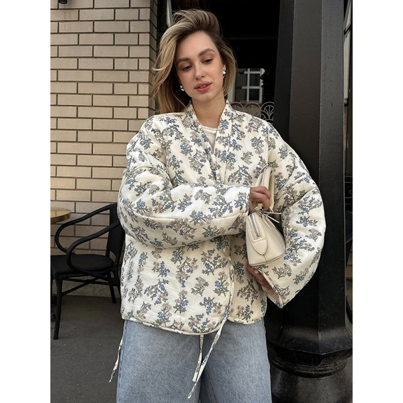 Fotografía real - estilo casual impresión de lazos de cuello en V de lazos de abrigo de algodón para mujeres 2025 nuevo estilo transfronterizo europeo y americano