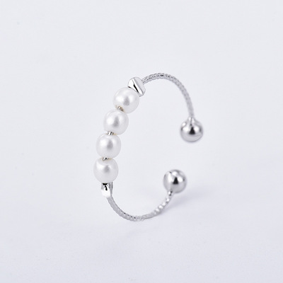 肖氏时尚细圈开口可调节指环女 冷淡风简约个性925银连排珍珠戒指|ms
