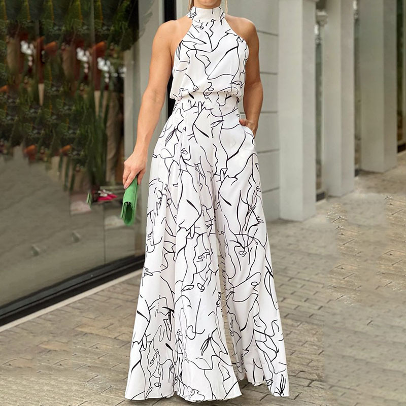 2025 primavera Amazon ropa de mujer europea y americana elegante cintura alta sin mangas cuello redondo sexy pantalones anchos monos europeos y americanos mujeres image 3