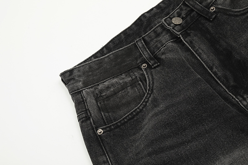 Unisex High Street Distressed Whiskered Ripped Black Jeans American Style Vibe Washed Straight Leg Slightly Flared Hip Hop Floor Length Pants_mkmklike.com