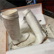 牛皮版~法式白色鳄鱼纹真皮骑士靴女冬厚底长靴擦色高筒靴长筒靴