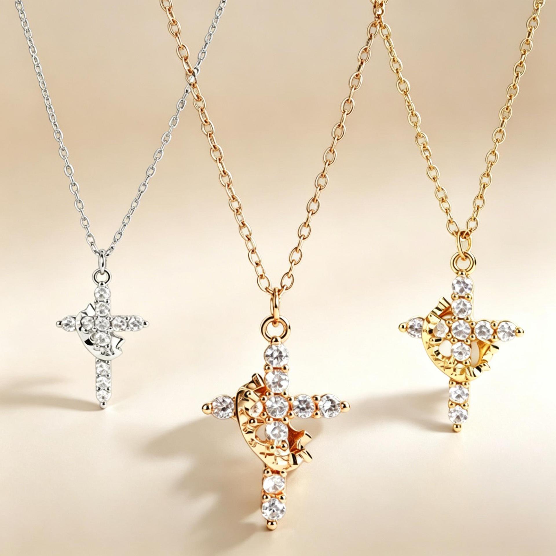 Cross-Border Cross-Shaped Diamond-Encrusted Light Luxury Clavicle Chain, Versatile, Niche Style, Instagram-Worthy Design, Trendy, Fashionable, High-End Feel