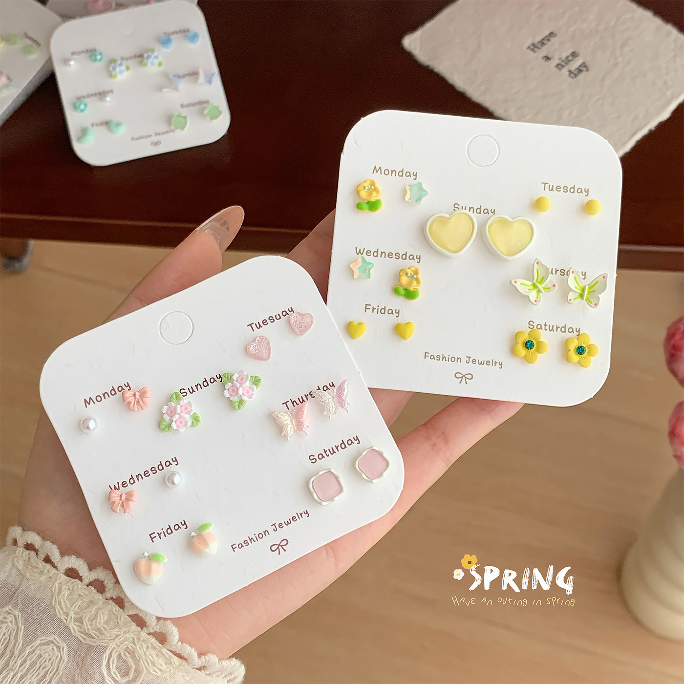 spring and summer mori style ins style fresh flower earrings one week silver needle girl heart new student earrings suit wholesale