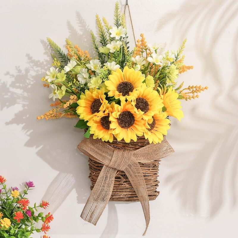 Rattan Basket Wall Hanging Spring Front Door Wreath Hanging Sunflower Garland Farmhouse Outdoor Porch Indoor Decor Wall