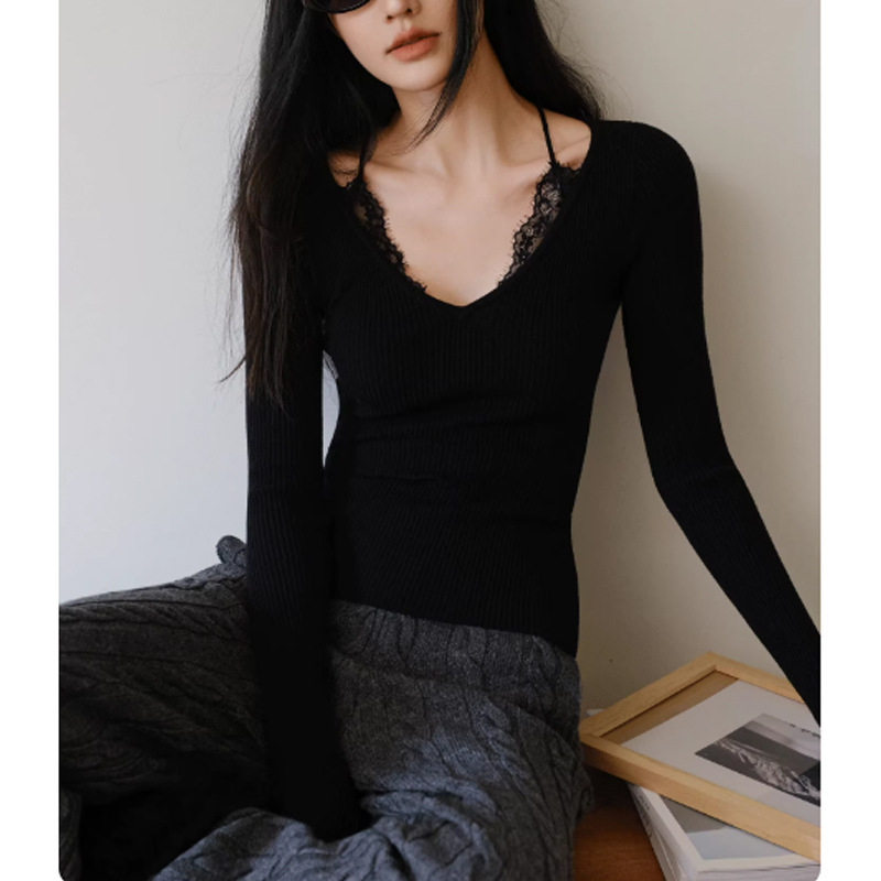French-Style Lace Spliced Wool Knit Base Shirt for Women, V-Neck, Stretchy, Slim-Fit, Versatile Top French-Style Lace Spliced Wool Knit Base Shirt for Women, V-Neck, Stretchy, Slim-Fit, Versatile Top
