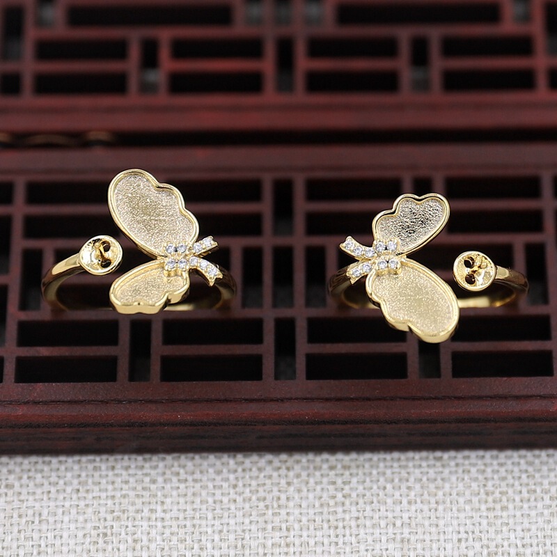 Hongxing Handmade Imitation Jade Inlaid Gold-Plated Copper Micro-Inlaid Butterfly Open Ring Mother-of-Pearl Inlay Ring Base B3780