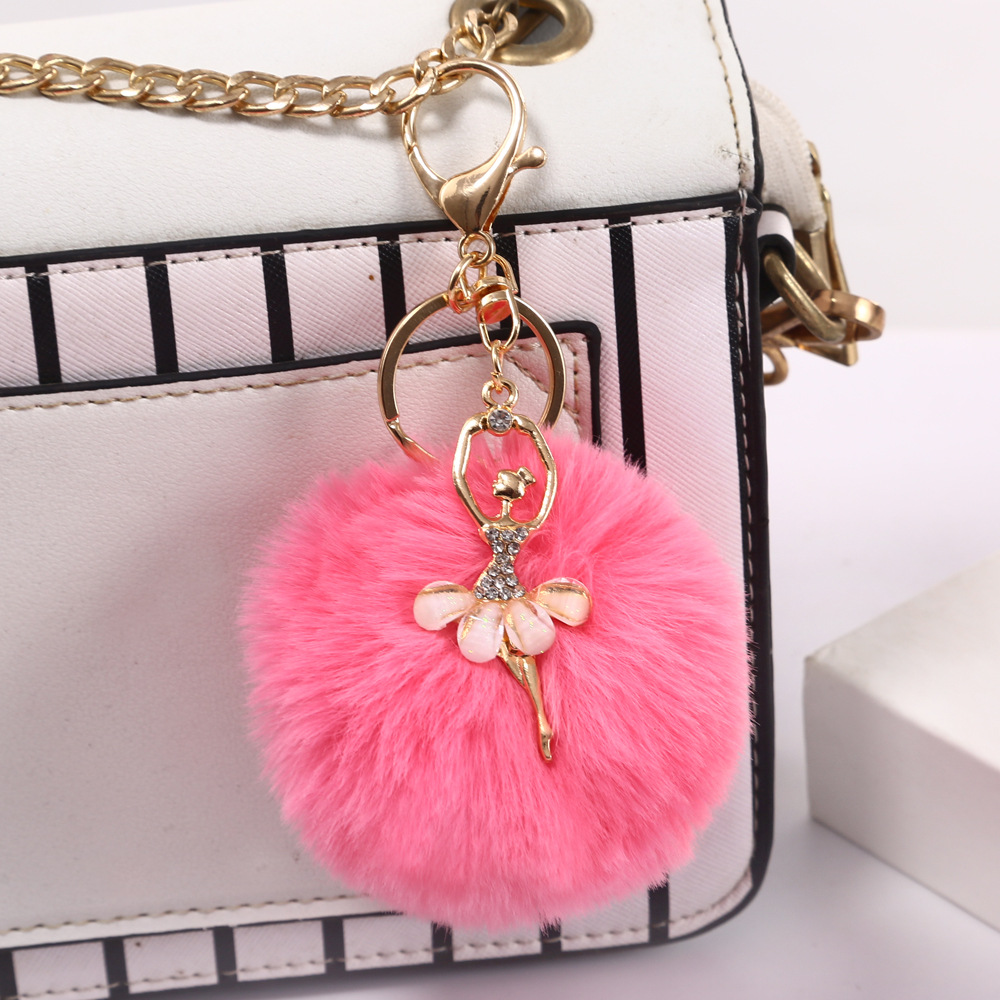 Creativo lindo rhinestone Ángel Ballet chica coche llavero imitación Rex conejo bola señora felpa colgante