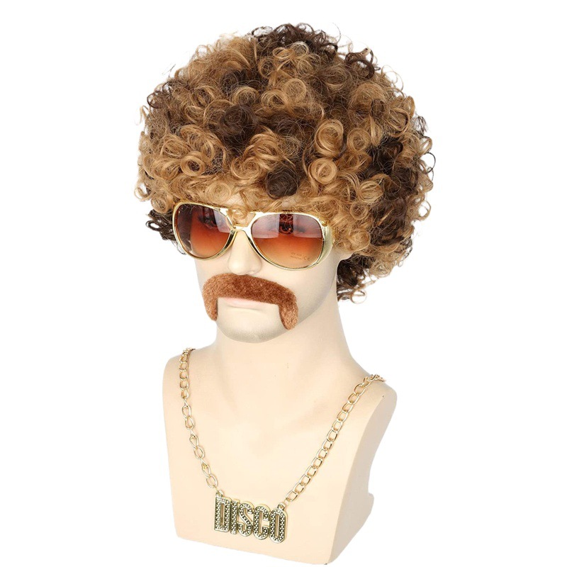 506070s peluca Africana disco hippie traje accesorios traje, negro moda collar gafas barba