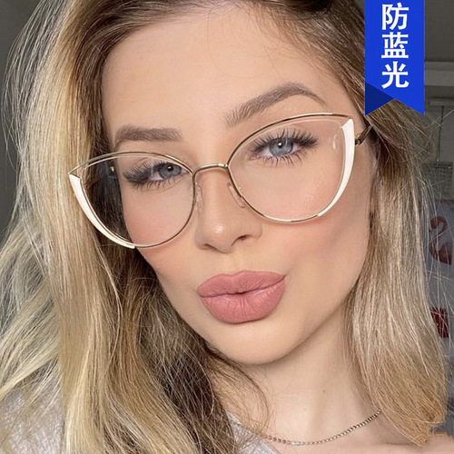  New Personalized Small Frame Cat Eye Optical Glasses Fashion Trendy Metal Anti-Blue Light Flat Mirrors European and American Cross-Border Ladies