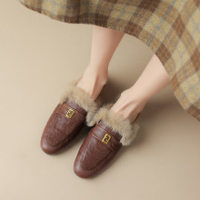 复古做旧棕色毛毛鞋2023冬季新款平底棉拖鞋女真皮保暖外穿334041