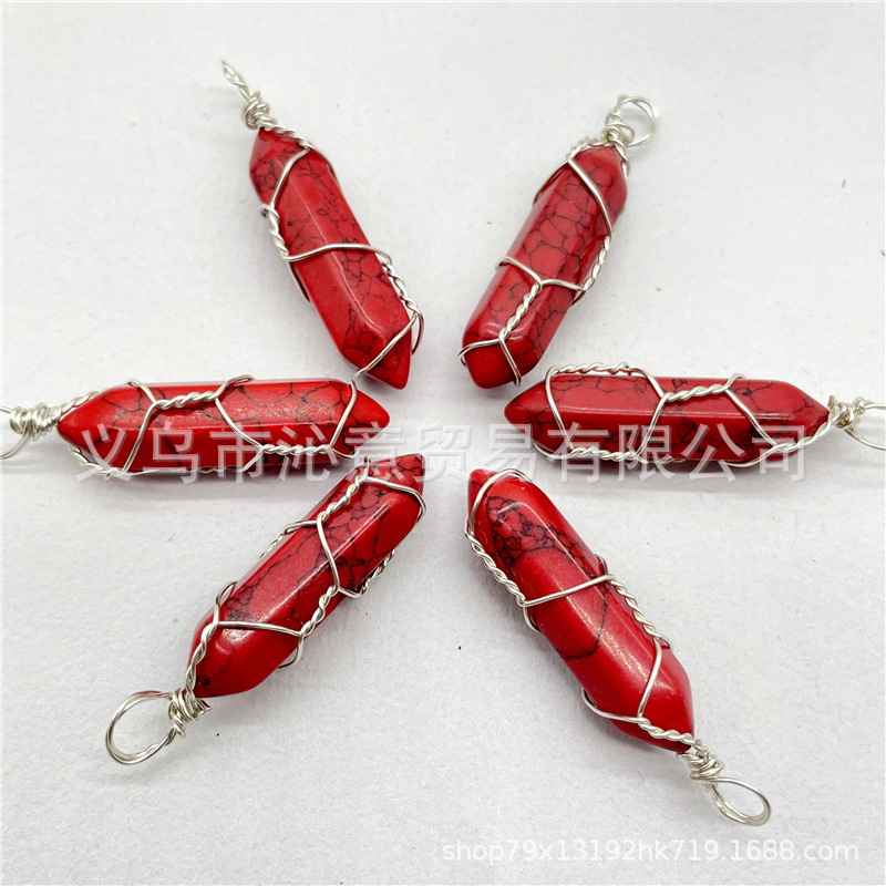 Comercio exterior caliente bobina hexagonal columna colgante collar de cristal natural hecho a mano de plata hilo bala joyería al por mayor