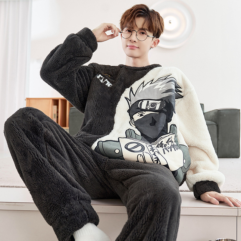 Pijamas de invierno de los hombres de coral de lana engrosada forrada de lana cálido desgaste del hogar traje de dibujos animados de franela Jersey de invierno de los hombres