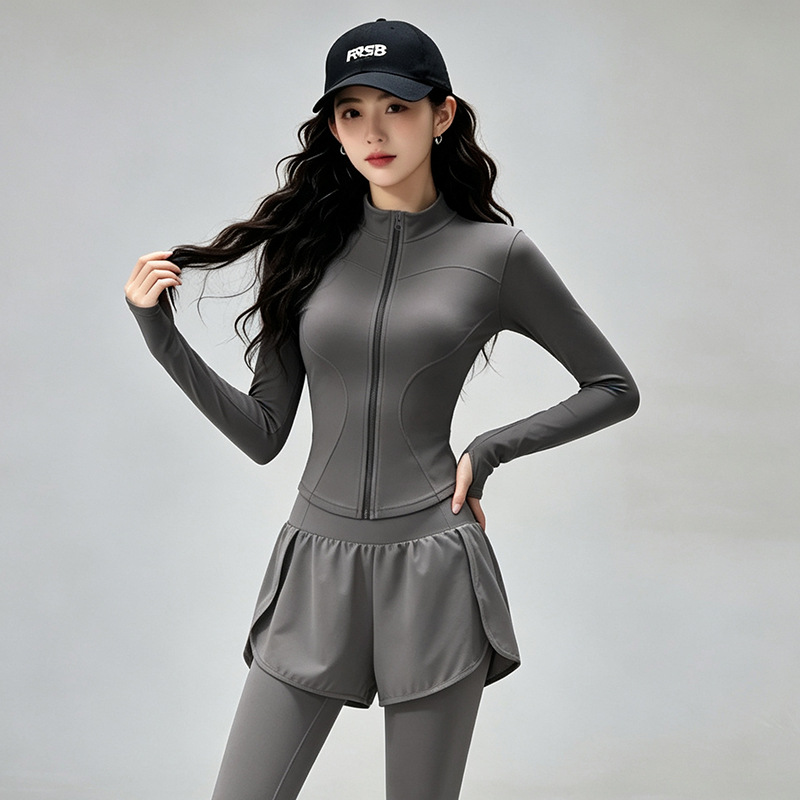 Women's Yoga Set: Stand-up Collar Zipper Quick-dry Jacket, Two-in-one Pants, Fitness Running Pilates Training Sports Set